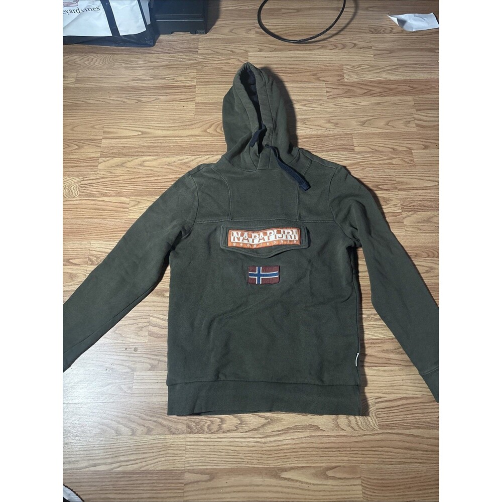 NAPAPIJRI Mens Graphic Hoodie Jumper Small Navy Green Cotton